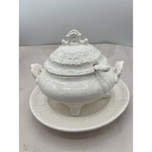 White Soup Tureen with Lid, Ladle, Stand Holiday 8”